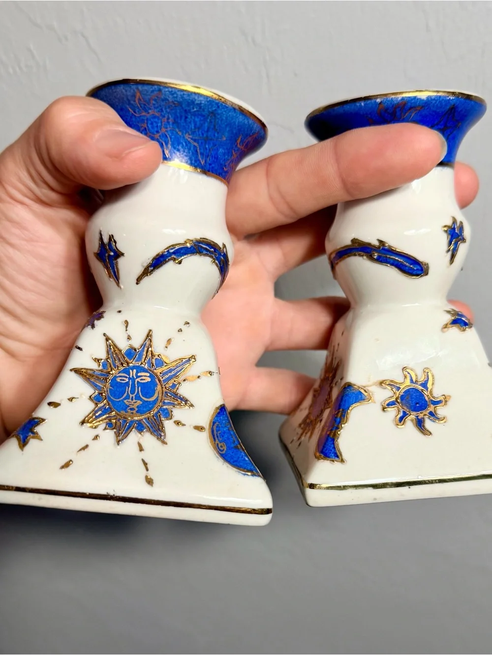 Vintage Whimsigoth White and Blue Sun & Moon Ceramic Candle Holders